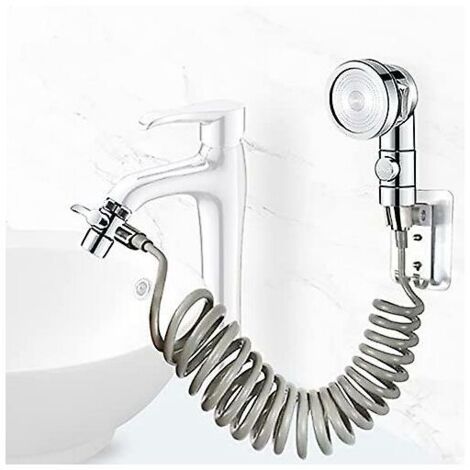 Ensemble Pommeau Douche pour Lavabo, Douchette de Salle de Bain, Tuyau Télescopique, Parfait pour Laver les Cheveux ou Nettoyer le Lavabo (Robinet pas Inclu) (Argent)