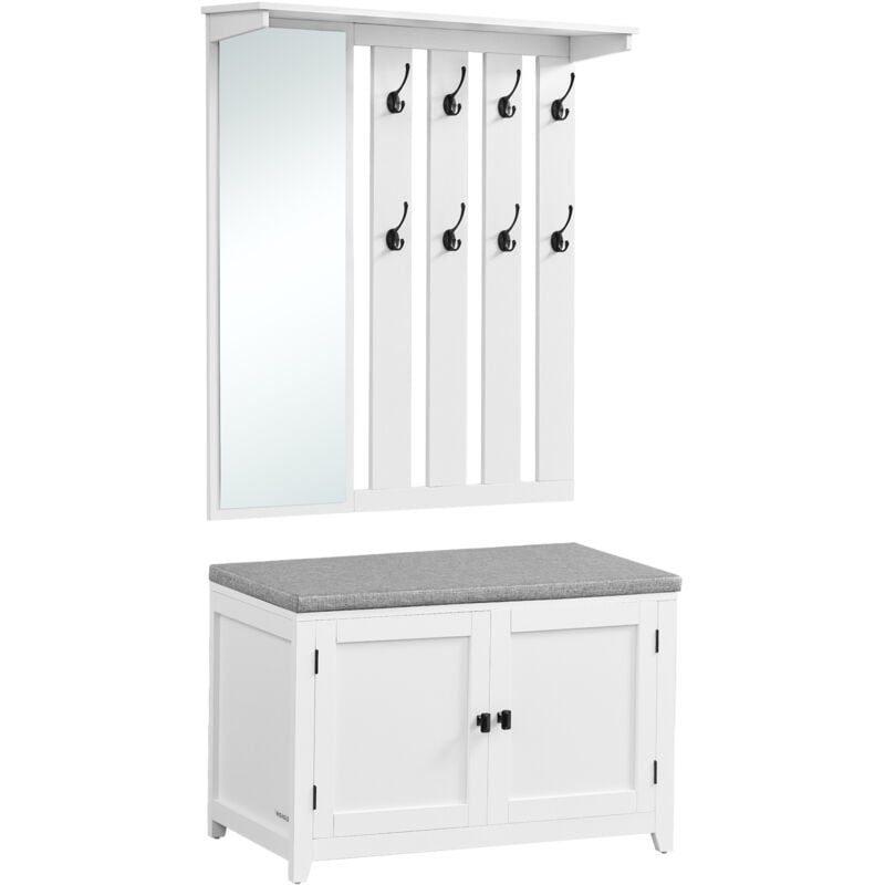 Ensemble Porte-Manteau avec Banc à Chaussures, Portant avec Miroir, 8 Crochets Doubles, Banc avec Étagère Réglable, Double Porte, Coussin Amovible,