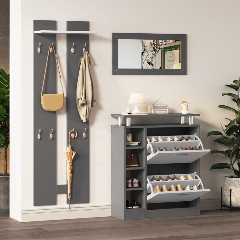 Hauss Spole - Ensemble porte-manteau mural 80 x 25 x 96,5 cm, miroir + 2 porte-manteaux + meuble à chaussures, gris