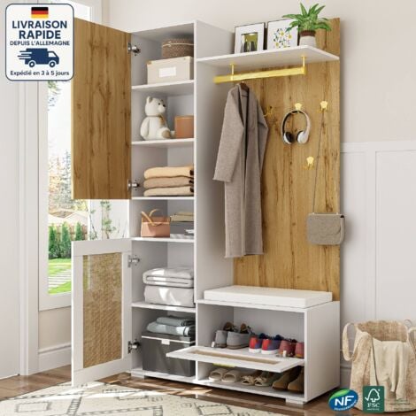 MODFU Ensemble portemanteau et portemanteau, avec miroir et étagère à chaussures, 5 crochets dorés, avec banc et LED 16 couleurs, MDF et aggloméré, blanc