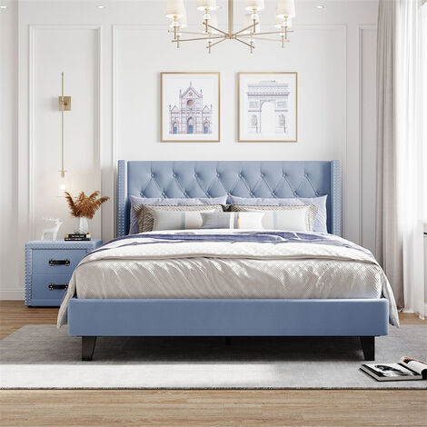 Ensemble pour chambre à coucher - lit capitonné en lin avec boutons et motif en losange bleu 140x200cm + 1x tables de nuit - style scandinave