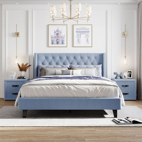Ensemble pour chambre à coucher - lit capitonné en lin avec boutons et motif en losange bleu 140x200cm + 2x tables de nuit - style scandinave