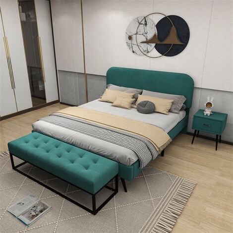 Ensemble pour chambre à coucher - lit velours vert 140x200cm + 2x tables de nuit + tabouret de lit set meubles moderne design