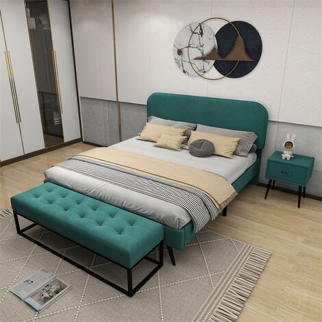 Ensemble pour chambre à coucher - lit velours vert 140x200cm + 1x tables de nuit + tabouret de lit set meubles moderne design