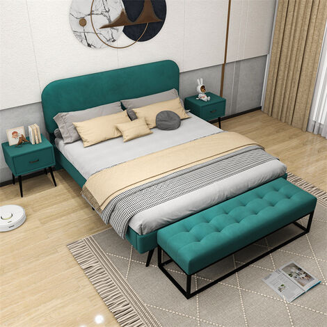 Ensemble pour chambre à coucher - lit velours vert 140x200cm + 2x tables de nuit + tabouret de lit set meubles moderne design