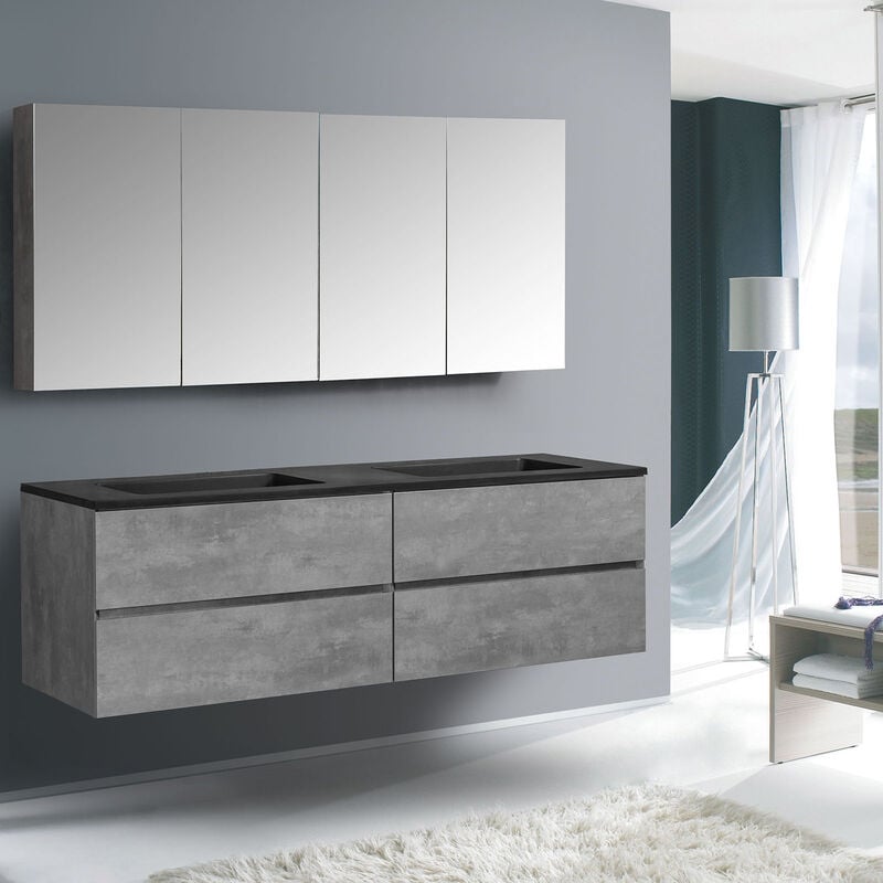 Ensemble pour salle de bain edge 1500 - dans différentes couleurs - armoire de toilette et colonne en option Sans miroir, Béton, 2x meuble mural