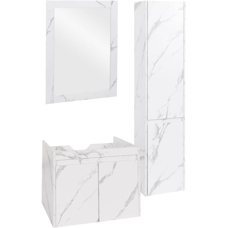 HHG - Ensemble pour salle de bain 632, lavabo miroir mural armoire suspendue meuble de salle de bain, mvg mélaminé, aspect marbre blanc