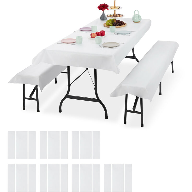 Relaxdays - Ensemble pour tente Coussins, 24 pièces,nappe pour la table 250x100cm, 16 housses bancs, lavable, blanc