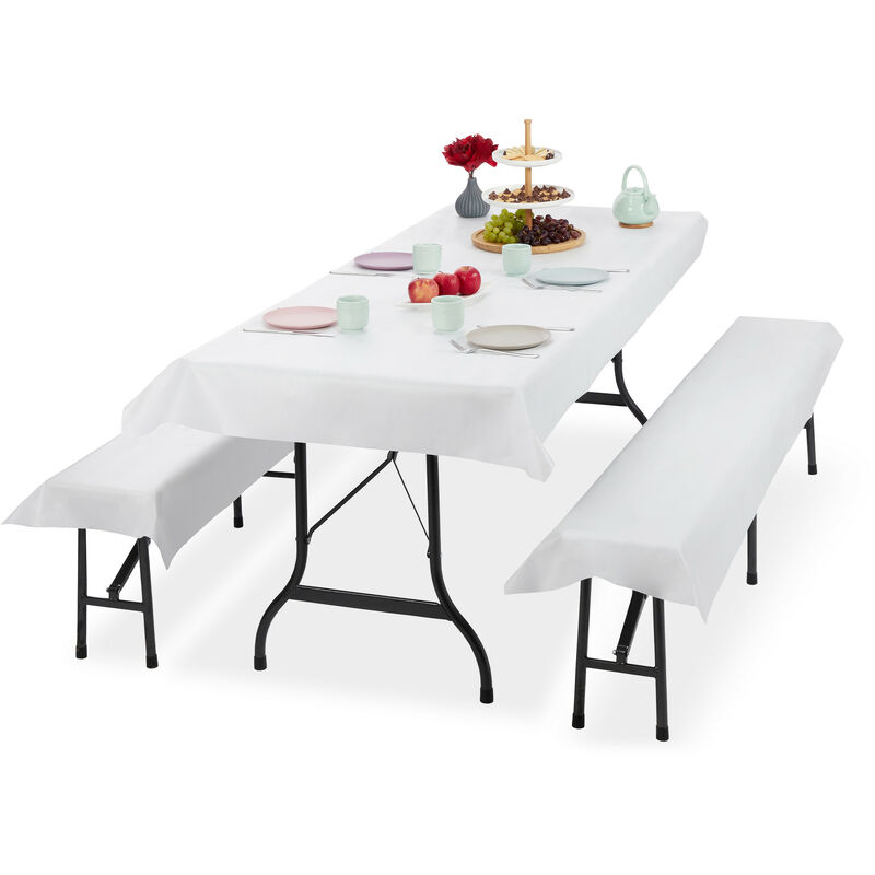 Relaxdays Ensemble pour tente Coussins, 3 pièces,nappe pour la table 250x100cm, 2 housses bancs, lavable, blanc