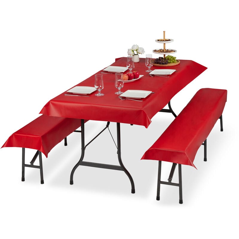 Ensemble pour tente Coussins, 3 pièces,nappe pour la table 250x100cm, 2 housses bancs, lavable, rouge - Relaxdays