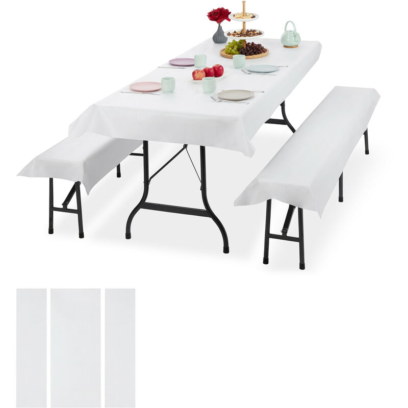 Relaxdays - Ensemble pour tente Coussins, 6 pièces,nappe pour la table 250x100cm, 4 housses bancs, lavable, blanc