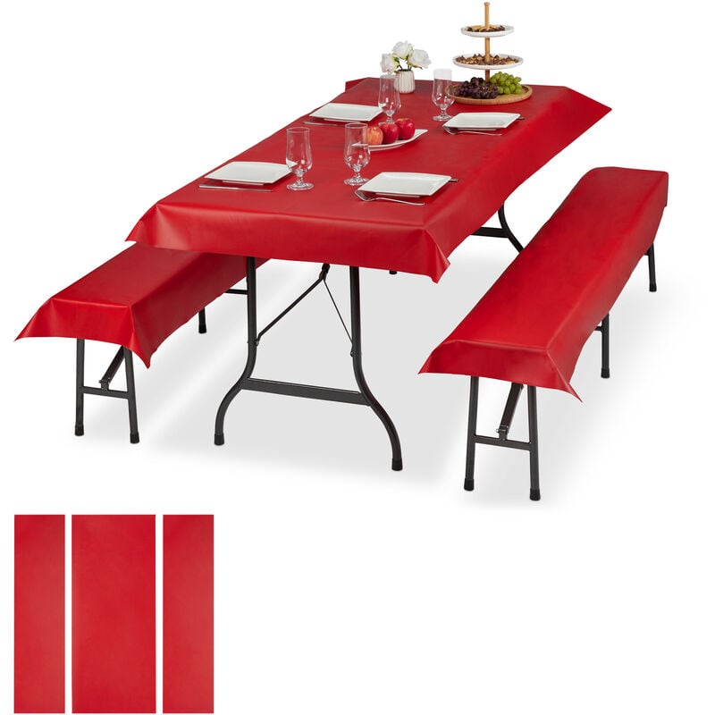 Ensemble pour tente Coussins, 6 pièces,nappe pour la table 250x100cm, 4 housses bancs, lavable, rouge - Relaxdays
