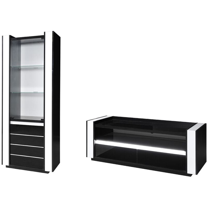 Meublorama - Ensemble lina noir et blanc : vitrine et meuble tv avec led