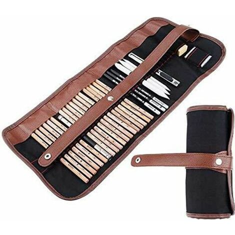Ensemble professionnel de dessin et croquis avec crayons graphite, fusains, crayons à papier effaçables, cutter et trousse en toile