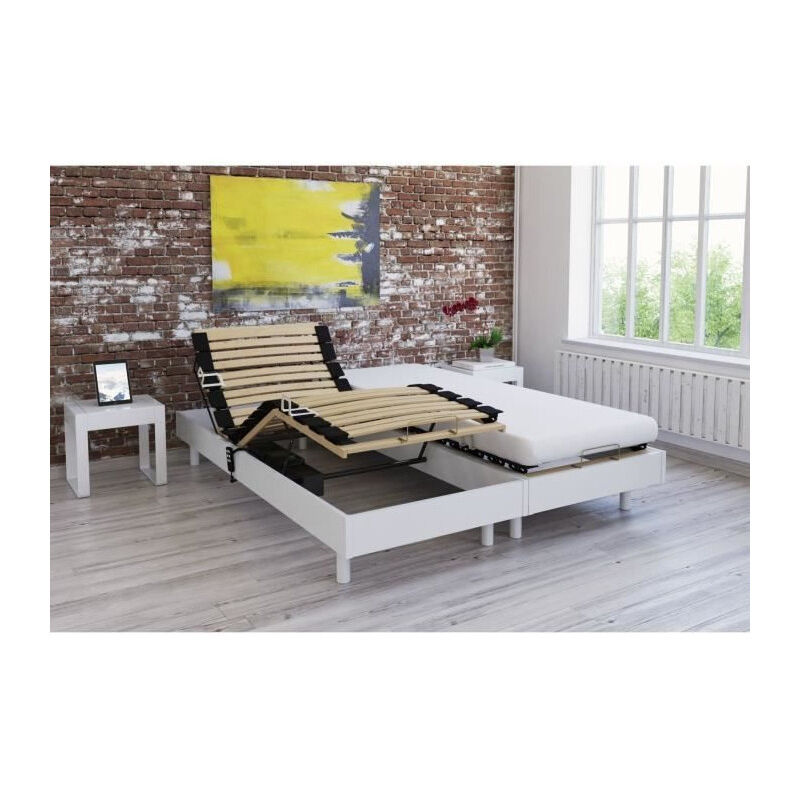 Les Tendances - Ensemble relaxation matelas + sommiers electriques decor blanc satine 2x80x200 - Mousse - 14 cm - Ferme - talca