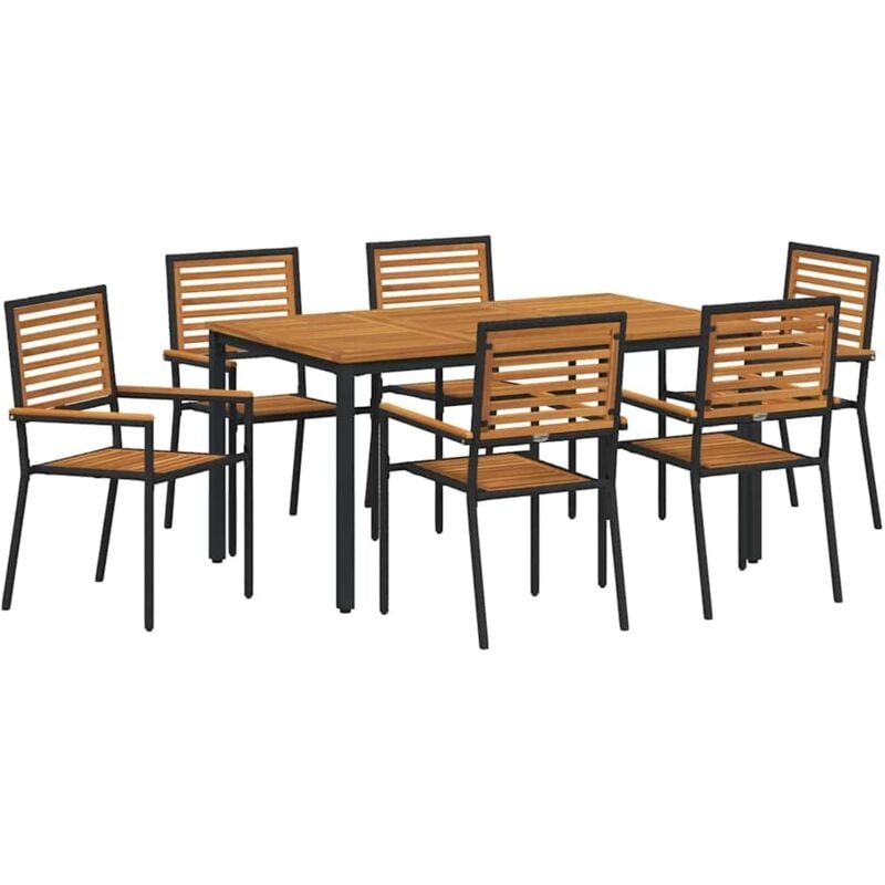 Ensemble salle à manger jardin poly rotin noir et acacia 7 pièces, Chaises jardin empilables 2 pcs avec coussins en poly rotin noir, Table jardin