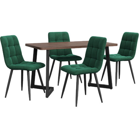 Ensemble Repas 5 Pièces, Table 117x68x75 Cm Mdf Noyer Et 4 Chaises Velours Vert Foncé, Pieds Métal