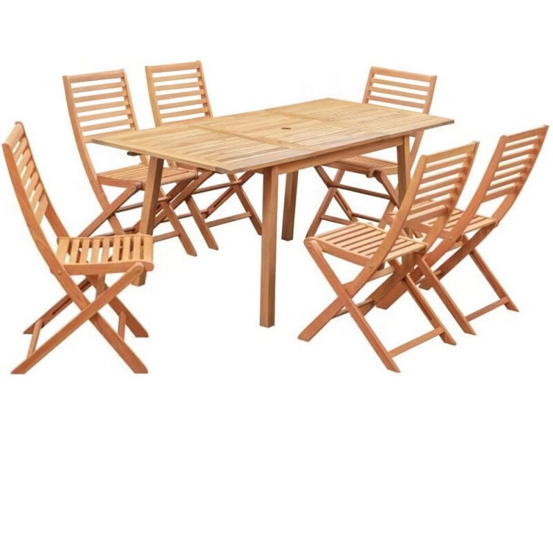 Ensemble repas de jardin 4-6 personnes - Eucalyptus FSC - Table extensible 120 - 180 x 80 cm + 6 chaises pliantes