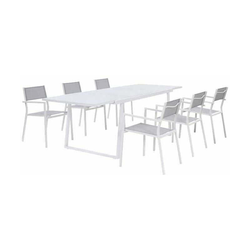 Ensemble repas 6 personnes - Table extensible aluminium avec plateau en verre 160/240 + 6 fauteuils assise textilene - Blanc