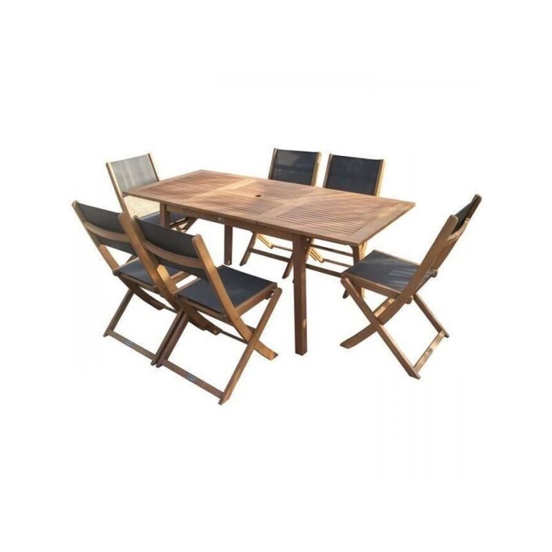 Sans Marque - Ensemble repas de jardin 4 a 6 personnes - Table extensible 120/180 x 80 cm + 6 chaises assises textilene - Bois Eucalyptus fsc
