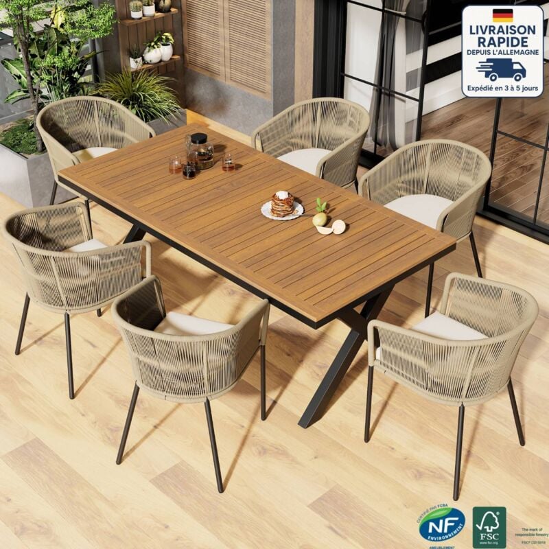 Ensemble repas de jardin 7 pièces – Grande table rectangulaire + 6 fauteuils avec coussins déhoussables – Structure en métal et bois – Coloris noir &