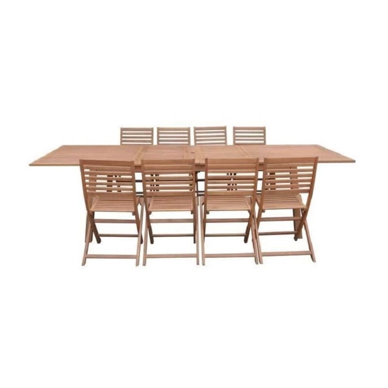 Les Tendances - Ensemble repas de jardin 8 a 12 personnes - Table extensible 200/250/300 x 100cm + 6 chaises - Bois Eucalyptus fsc