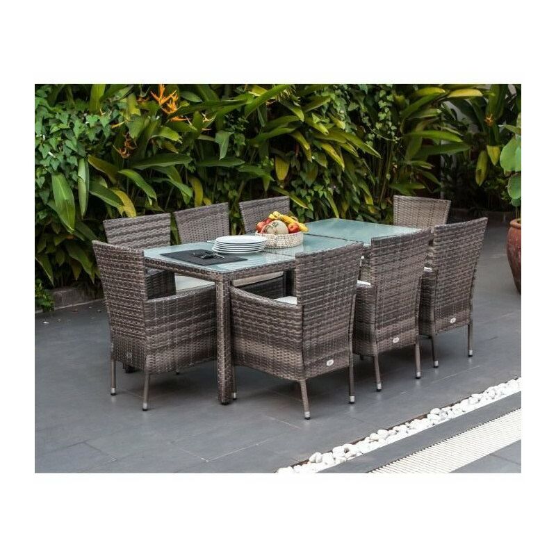 Ensemble repas de jardin 8 personnes- Table 190x90cm + 8 fauteuils - plateau verre trempé et structure résine tressée - Gris …