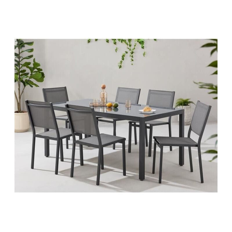 Sans Marque - Ensemble repas de jardin : Table 160 cm + 6 chaises - Structure en aluminium - Gris anthracite