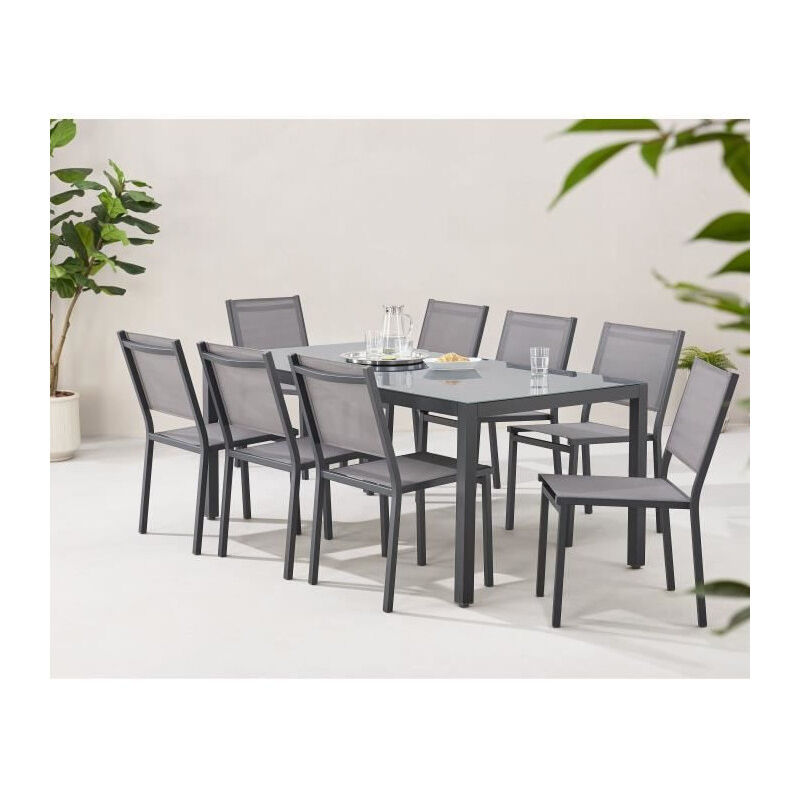 Ensemble repas de jardin : Table 180 cm + 8 chaises - Structure aluminium - Plateau verre trempé - Gris