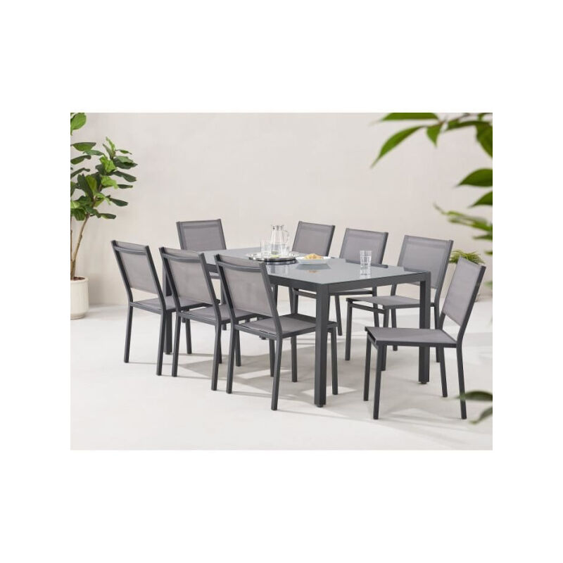 Sans Marque - Ensemble repas de jardin : Table 180 cm + 8 chaises - Structure aluminium - Plateau verre trempé - Gris
