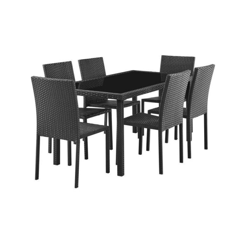 Ensemble repas de jardin - plateau en verre trempé et 6 chaises en résine tressée noir - Table 160x80x73 cm - Chaise : 44x54x