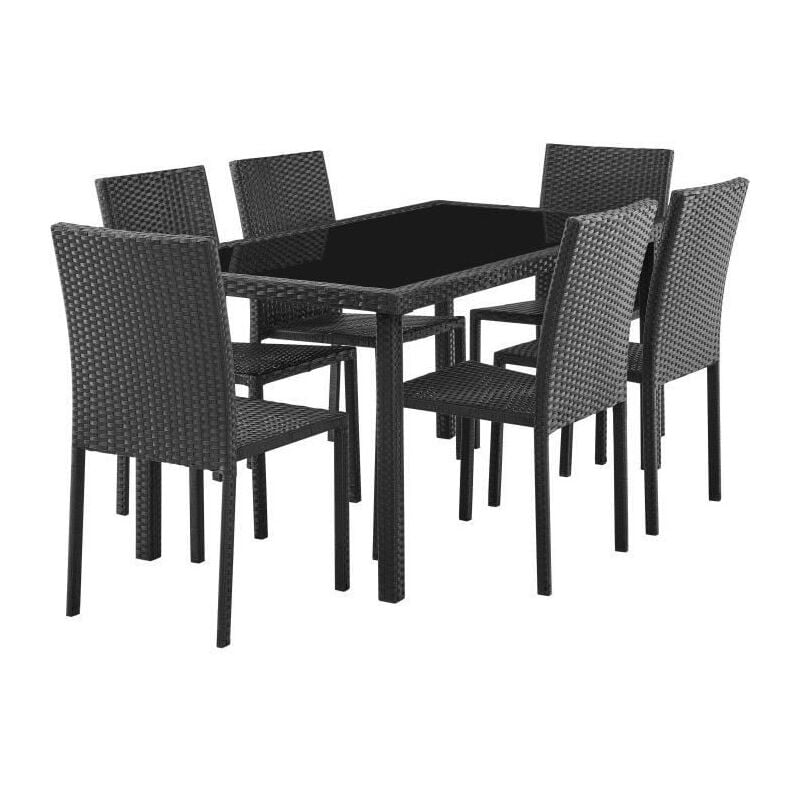 Les Tendances - Ensemble repas de jardin - table en verre trempe et 6 chaises en resine tressee noir - Table 160x80x73 cm - Chaise : 44x54x88 cm