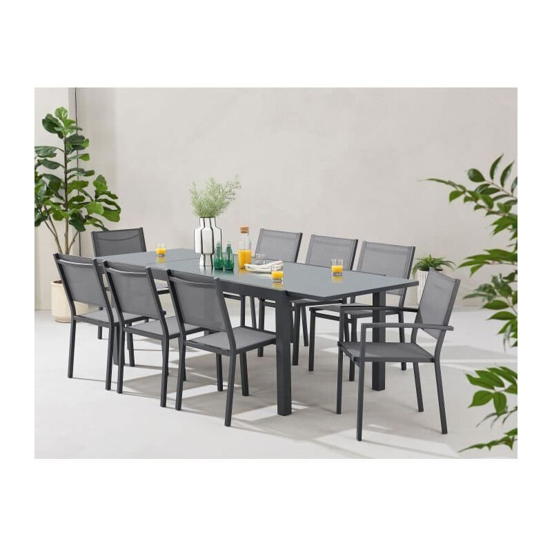 Sans Marque - Ensemble repas de jardin : Table extensible 120-180 cm + 2 fauteuils + 6 chaises - Gris