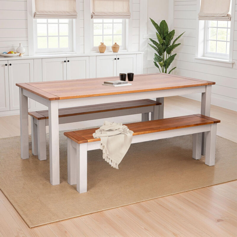 Ensemble repas table 138x80x78cm + 2 bancs naturel et crème