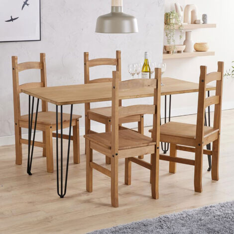 Ensemble repas table 150x75 cm + 4 chaises marron et naturel - OLINA