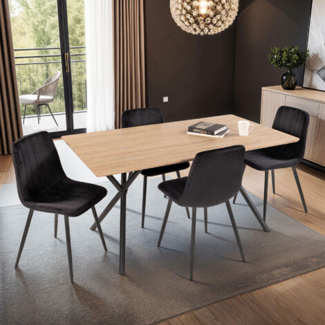 Ensemble repas table 1,6m naturel + 4 chaises en velours noir - VELVET