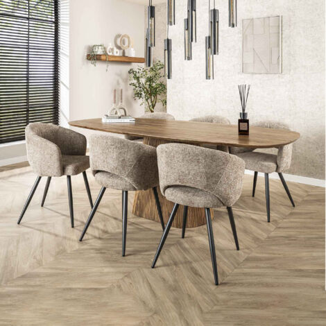 Ensemble repas table 215 cm en manguier + 6 fauteuils texturé sable