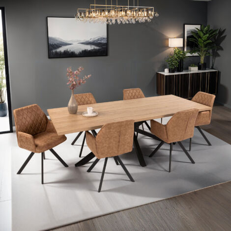 Ensemble repas table 2,4m naturel + 6 fauteuils camel - VENTER