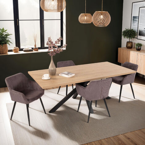 Ensemble repas table 2m naturel + 4 fauteuils en velours gris - VELVET