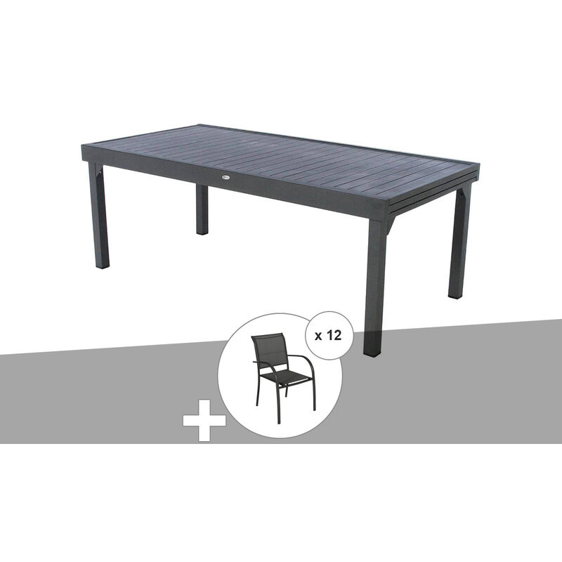 Hesperide - Ensemble repas table extensible rectangulaire alu Graphite Piazza + 12 fauteuils Piazza - Hespéride