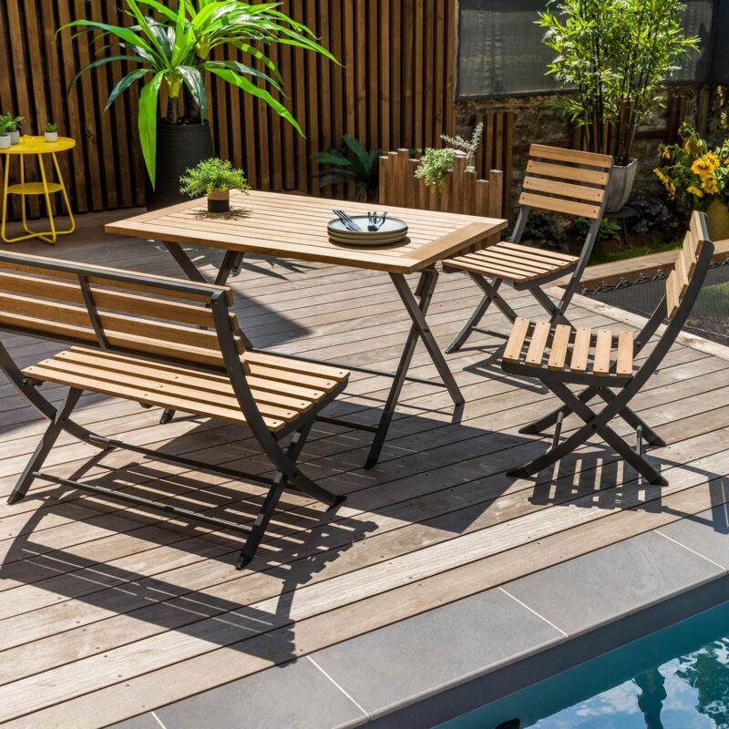 Jardiline - Salon de jardin pliant en aluminium et teck 4 personnes Porto Rico