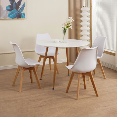 Ensemble repas table ronde + 4 chaises blanc et naturel - SCANDI
