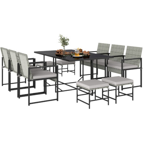Ensemble repas terrasse 11 pièces : mobilier jardin extérieur avec 6 fauteuils et 4 poufs, gris.