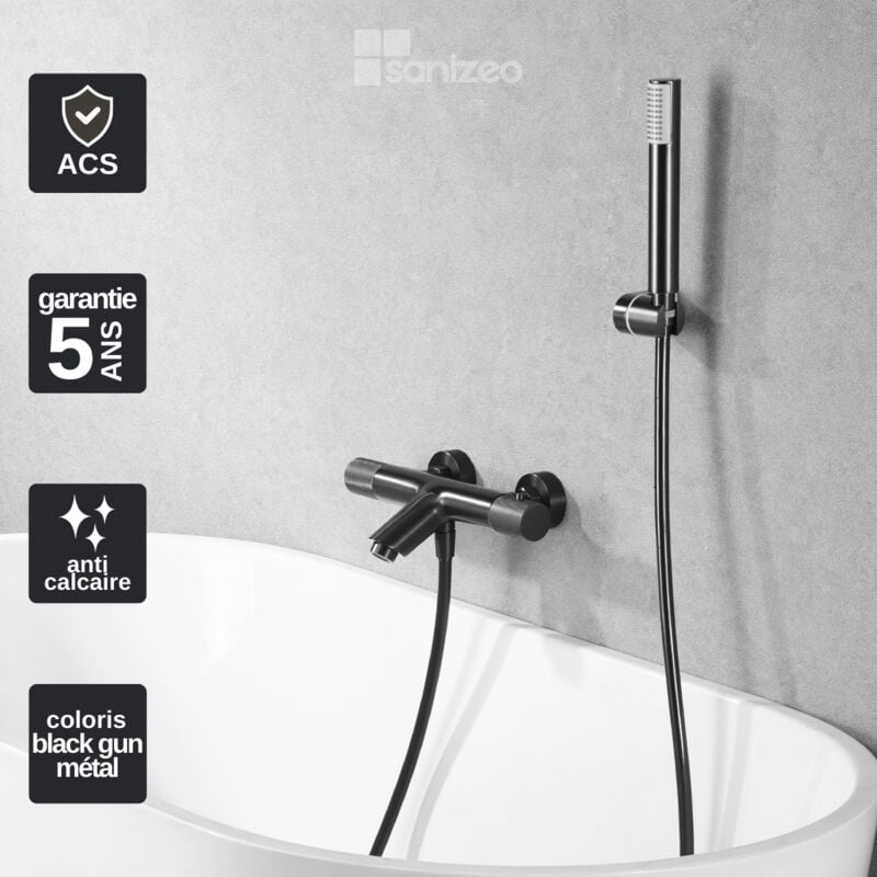 Mitigeur de Baignoire et Douche anti-calcaire Thermostatique Black Gun Métal IMEX LINE BTD038-4BGM