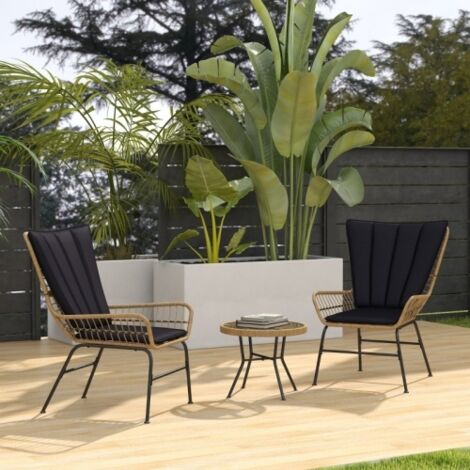 Ensemble rotin 3 pièces, 2 chaises, table d'appoint verre trempé et coussins, pour extérieur et jardin