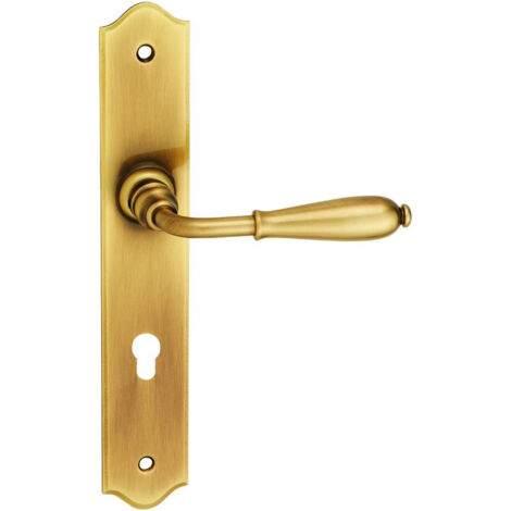 Ensemble rustique sur grande plaque NEVERS laiton patiné – Pour porte de 38 à 48 mm d'épaisseur – Entraxe de serrure 70 mm – Traitement anti-corrosion – Bouvet