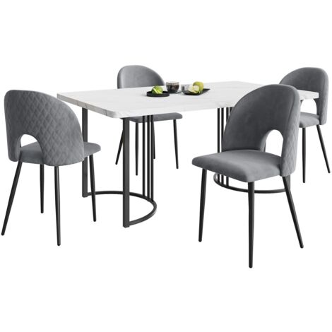 Ensemble salle à manger (5 pièces) - Table 140x80cm MDF blanc pieds noirs + 4 chaises velours gris motif losange