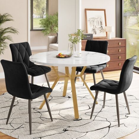Ensemble salle à manger (5 pièces) - Table ronde Modèle de marbre/pieds dorés + 4 chaises velours noir - Moderne