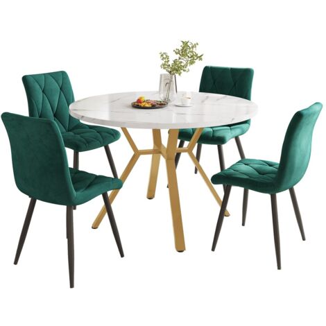 Ensemble salle à manger (5 pièces) - Table ronde Modèle de marbre/pieds dorés + 4 chaises velours vert - Moderne