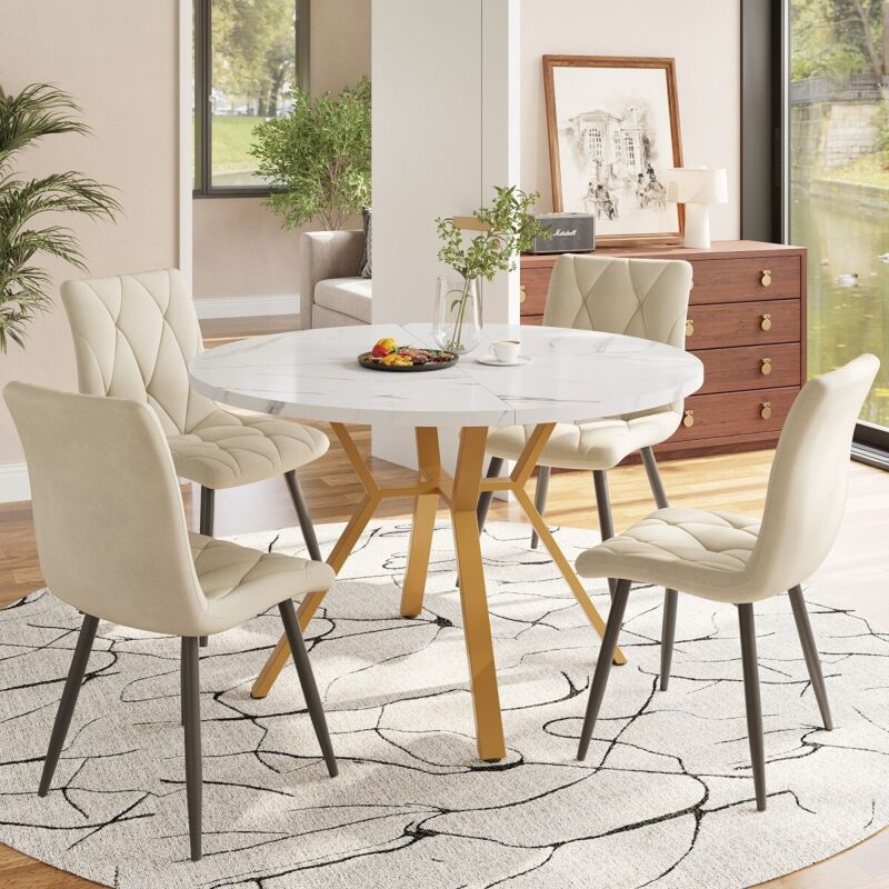 Ensemble salle à manger 5 pièces : table ronde , pieds or + 4 chaises velours beige. Style moderne et épuré